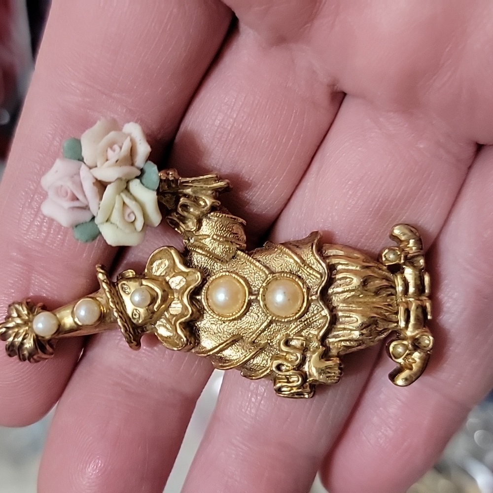 Gold Clown Brooch with Pearl Accents and Pink Porcelain Flowers, Vintage 1928